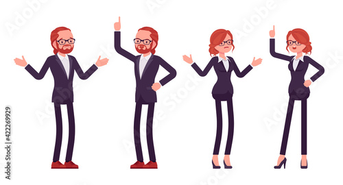 Businessman, businesswoman, teacher red haired office worker. Bossy manager, administrative person, corporate employee dress code. Vector flat style cartoon illustration isolated on white background