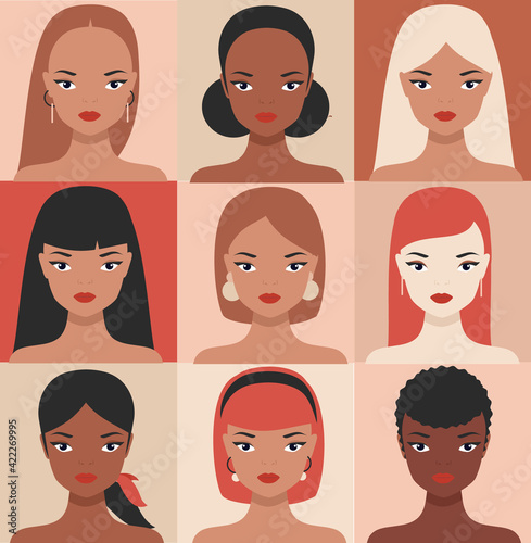 Female portraits of different nationalities, ethnicity. Girls faces avatars vector collection. cultural diversity concept women of the world