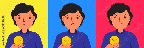 Man with emoticon. Happy, sad and angry mood. Vector illustration for people states of mind