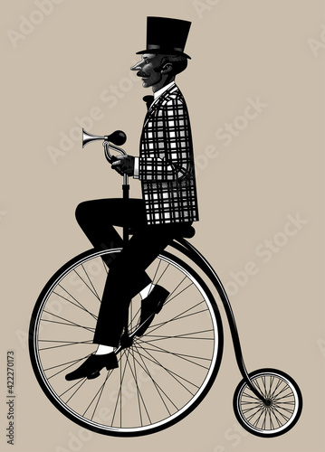 Engraved vintage drawing of
a man in a top hat riding a retro bicycle