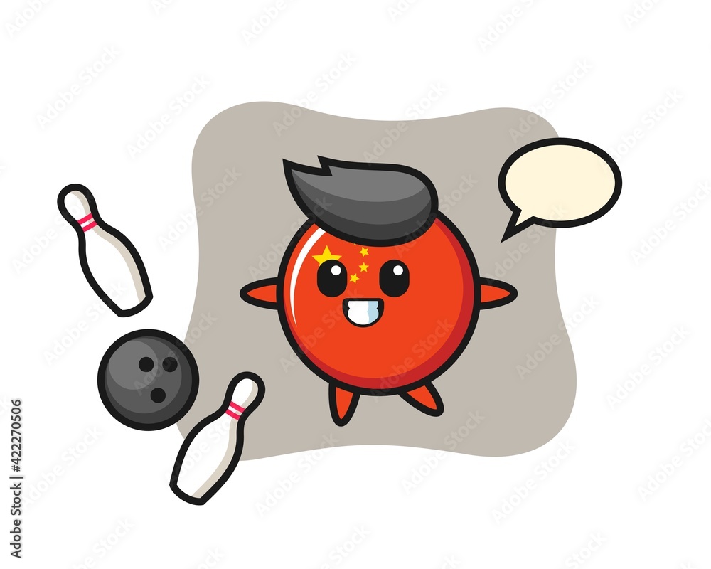 Character cartoon of china flag badge is playing bowling