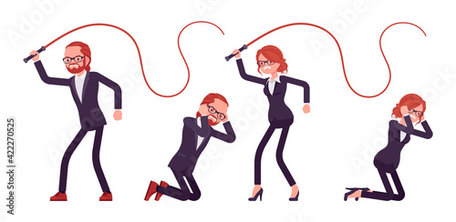 Businessman, businesswoman red haired office worker with whip. Bossy manager, administrative person, corporate employee dress code. Vector flat style cartoon illustration isolated on white background