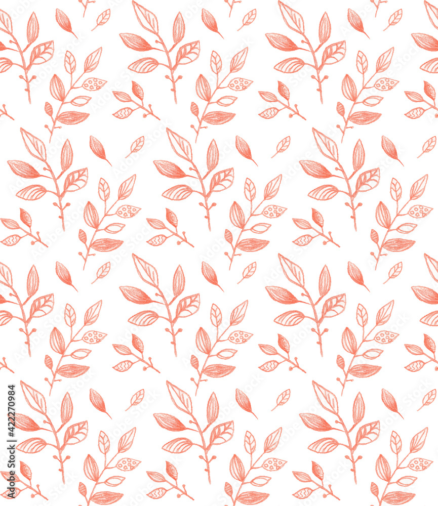 Seamless pattern of autumn forest foliage, twigs with leaves and trees branches, in white and orange colors, hand drawn in colored pencils Seamless pattern of autumn forest foliage, twigs with leaves and trees branches, in white and orange colors, hand drawn in colored pencils