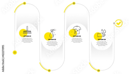 Cleaning mop, Cleaning spray and Clean t-shirt icons set. Rubber gloves sign. Vector