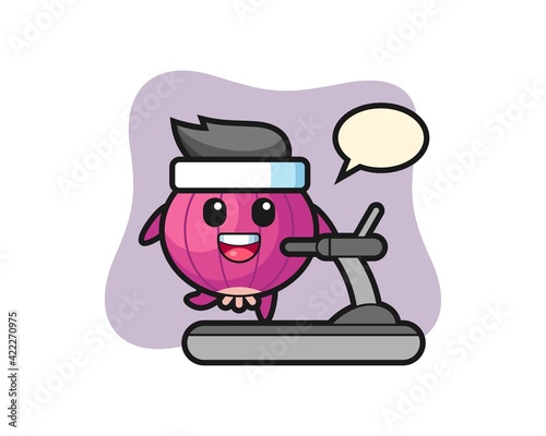 onion cartoon character walking on the treadmill