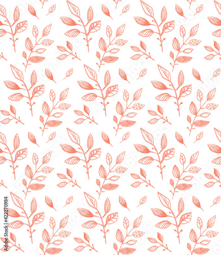 Seamless pattern of autumn forest foliage, twigs with leaves and trees branches, in white and orange colors, hand drawn in colored pencils 
