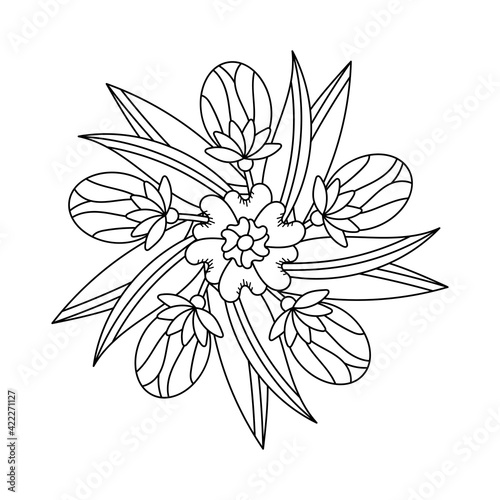 Coloring book for adult and children. Mandala of Flowers, buds and leaves, hand drawn vector illustration