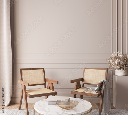 Scandinavian living room interior mockup, natural wooden furniture and trendy home accessories on bright beige background, 3d render