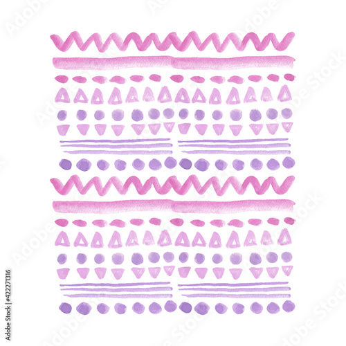 Watercolor geometric ornate background in pink, red and purple colors, cute painted pattern, can easily be manually adjusted to seamless pattern.