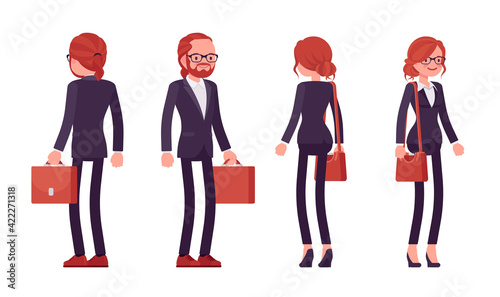 Businessman, businesswoman red haired office worker standing. Bossy manager, administrative person, corporate employee dress code. Vector flat style cartoon illustration isolated on white background