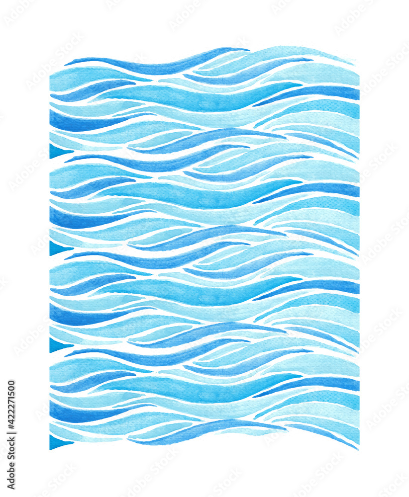 Blue waves watercolor background in blue color, water or hair texture, painted modern graphic artistic pattern.