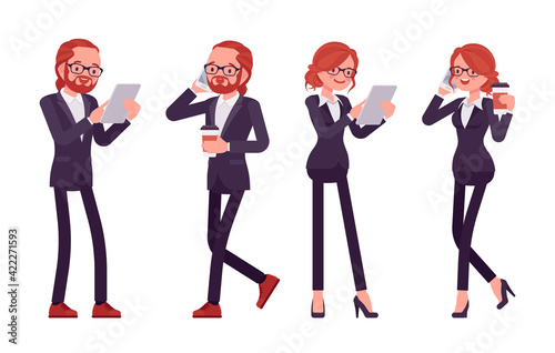 Businessman, businesswoman red haired office worker standing with phone. Manager, administrative person, corporate employee dress code. Vector flat style cartoon illustration, white background