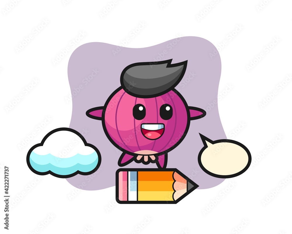 onion mascot illustration riding on a giant pencil onion mascot illustration riding on a giant pencil