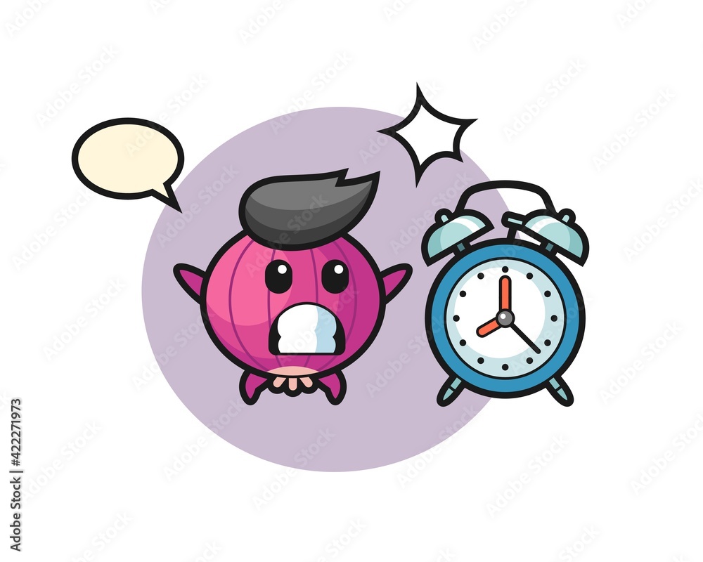 Cartoon Illustration of onion is surprised with a giant alarm clock Cartoon Illustration of onion is surprised with a giant alarm clock