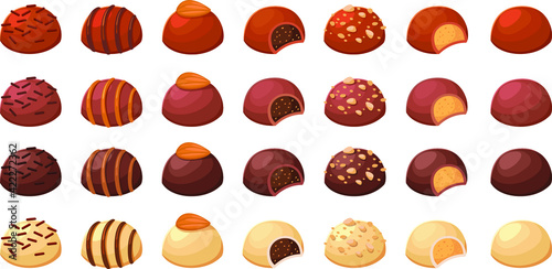 Set of chocolate sweets with different fillings. Cream filling, almonds, nuts, brown filling, adornment with sweet. Vector illustration on white background.