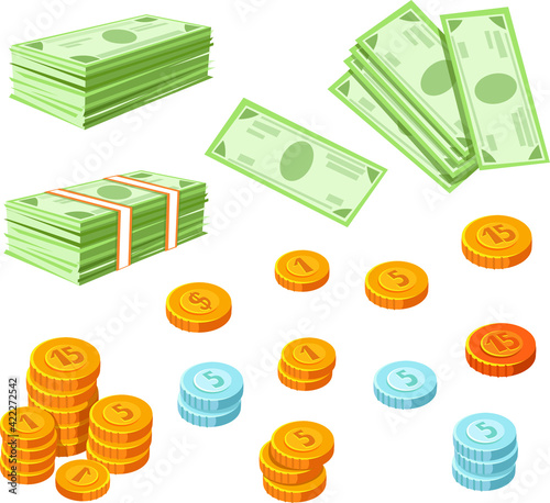 Money. Vector packages of banknotes from different angles. Heap of cash Isometric illustration. In a flat cartoon style. Vector on white background. Piles of gold and silver coins.