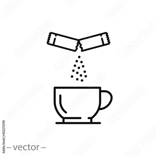 sachet sugar throw in cup, icon, coffee or tea, thin line symbol on white background - editable stroke vector eps10