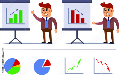 Businessman presenting with business chart on whiteboard. Illustration vector business concept. Set of growth and fall. Different kinds of diagrams