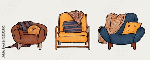 warm comfy couch hand drawn illustration