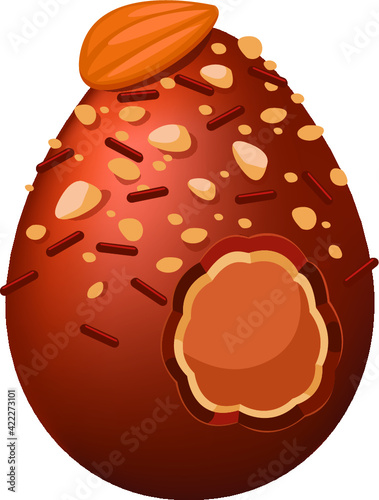 Chocolate egg with decoration. Vector illustration on white background. A naturalistic style with a gradient. Sprinkled with almonds, chocolate chips and nuts.