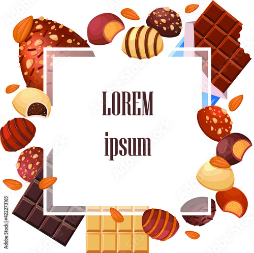 A square frame made of chocolates. Sweet confectionery. Vector illustration on white background. Template for a menu or leaflets or a chocolate shop banner. Place for text.