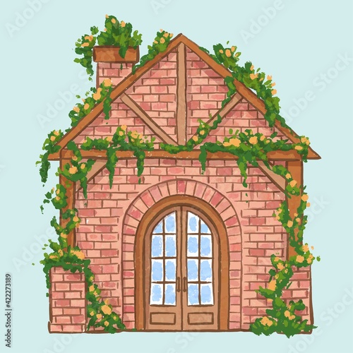 rustic brick ivy house hand drawn illustration