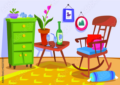 Room in the living room. A rocking chair next to the coffee table. Cozy room. Bright vector illustration in cartoon style.