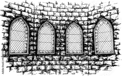 Gothic style window or Romanesque architecture vector sketch image gothic windows in a tower wall of stones on background