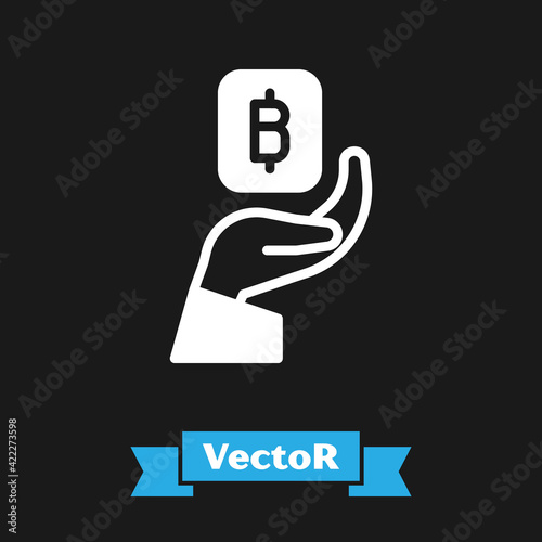 White Hand holding Bitcoin icon isolated on black background. Blockchain technology, digital money market, cryptocoin wallet. Vector