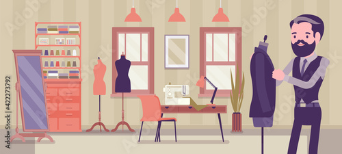 Small scale business-owner, privately owned tailor shop. Young man, successful entrepreneur, individual start up project of clothing making and garments sewing. Vector creative stylized illustration