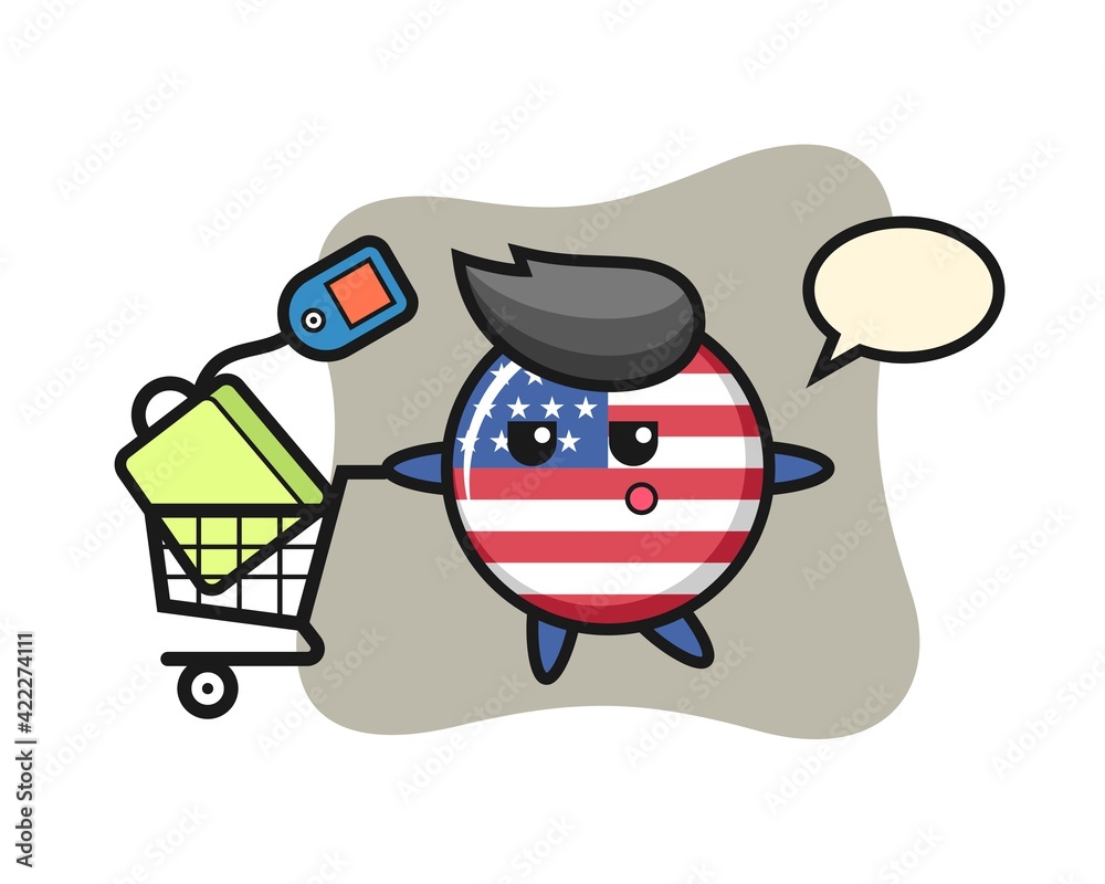 united states flag badge illustration cartoon with a shopping cart united states flag badge illustration cartoon with a shopping cart