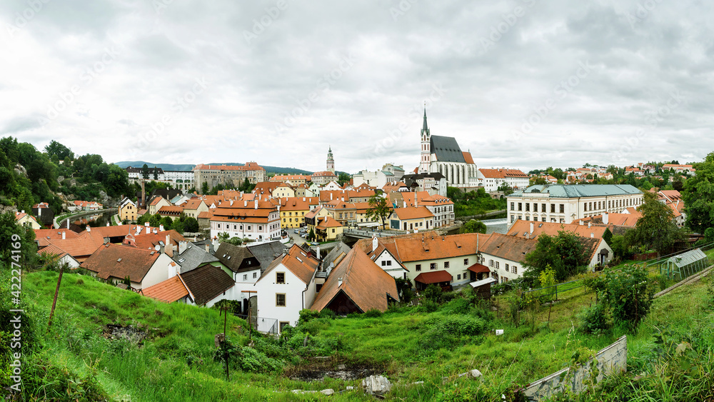 Panorama of  Cesky Krumlov old town with St. Vitus church, Czech Republic