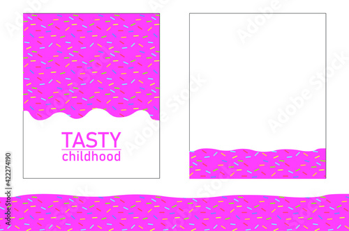 Doughnut pink glaze with topping. Sweet donut cream. Seamless pattern. Vector 8 eps. Seamless wide pink candy background with decorative sprinkles. Cover, card, wallpaper, card, notebook, copybook