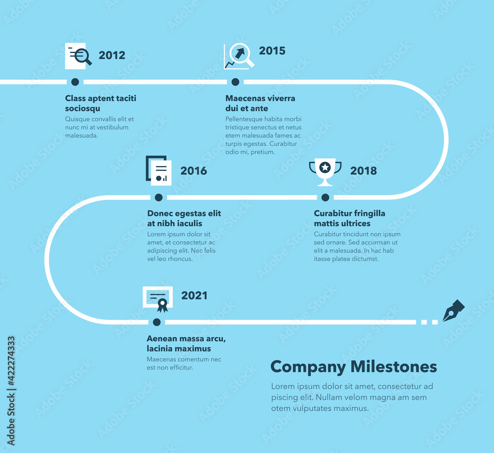 Fototapeta premium Modern company milestones timeline template - blue version. Easy to use for your website or presentation.