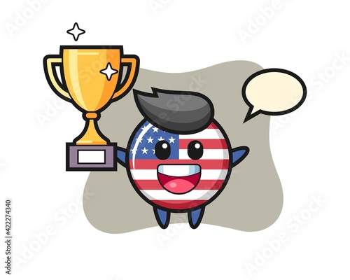 Cartoon Illustration of united states flag badge is happy holding up the golden trophy