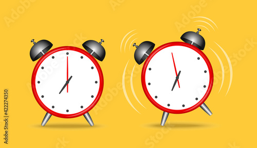 Illustration of  two alarm clock. wake up time icon. Yellow background. Vector illustration.
