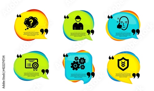 Reject certificate, Healthy face and Question mark icons set. Engineer, Cogwheel and Shield signs. Vector