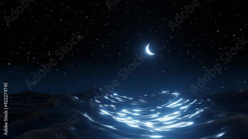 The sea waves reflecting the moonlight at night with a clear sky and stars. 3D Rendering