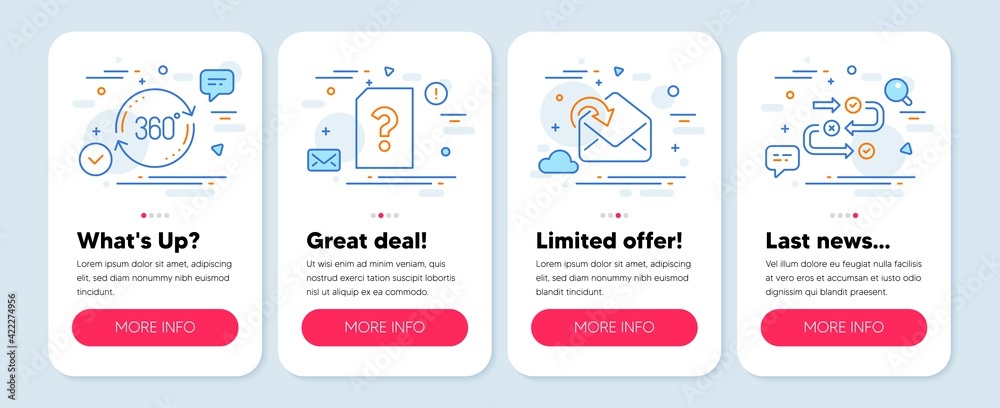Set of Technology icons, such as Full rotation, Receive mail, Unknown file symbols. Survey progress line icons. Vector Set of Technology icons, such as Full rotation, Receive mail, Unknown file symbols. Survey progress line icons. Vector