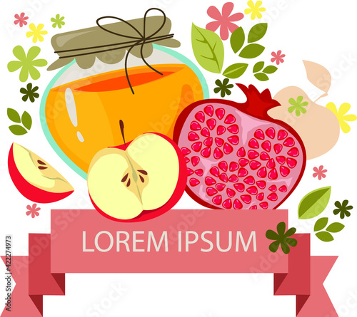 Banner square shape for the Jewish holiday (new year). There are such symbols as pomegranate, apple and honey. Vector illustration on white background. Place for text.