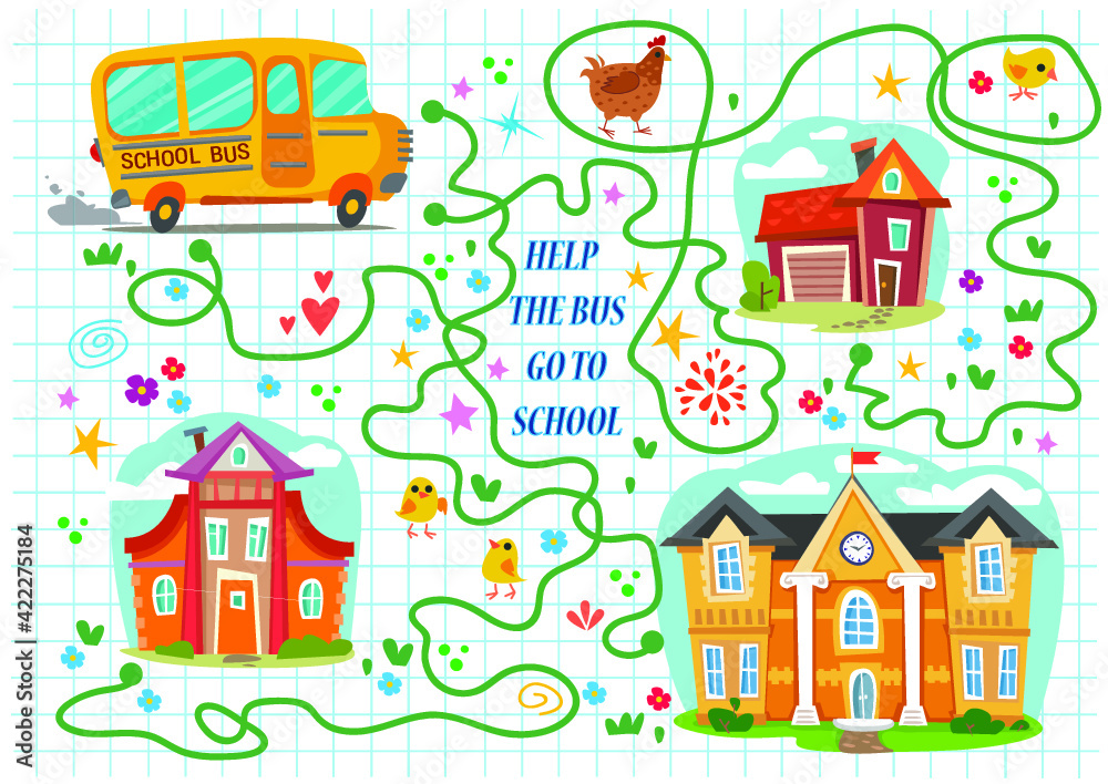 A logic puzzle game with paths for children. Help the bus find its way to school. Draw the lines. Develop skills of writing and drawing. Vector illustration.