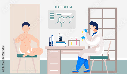 Man in lab coat working with equipment makes tests for male patient. Chemical research in laboratory