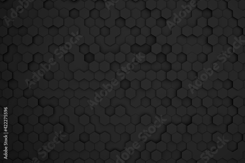 Elegant and futuristic dark and abstract background with black 3d hexagons. 3d render illustration. Grunge polygonal surface.