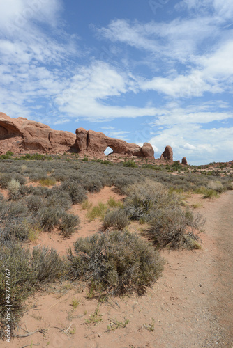 Scenic view of the red rock sandstone formations at Arches National Park in Utah