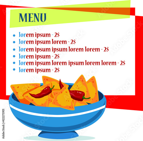 The menu template. A large bowl with nachos chips and peppers. Vector illustration on white background.