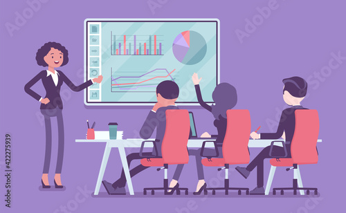 Interactive white board, smartboard presentation for business people. Businesswoman standing at touchscreen, data slides showing, planning working with audience. Vector creative stylized illustration