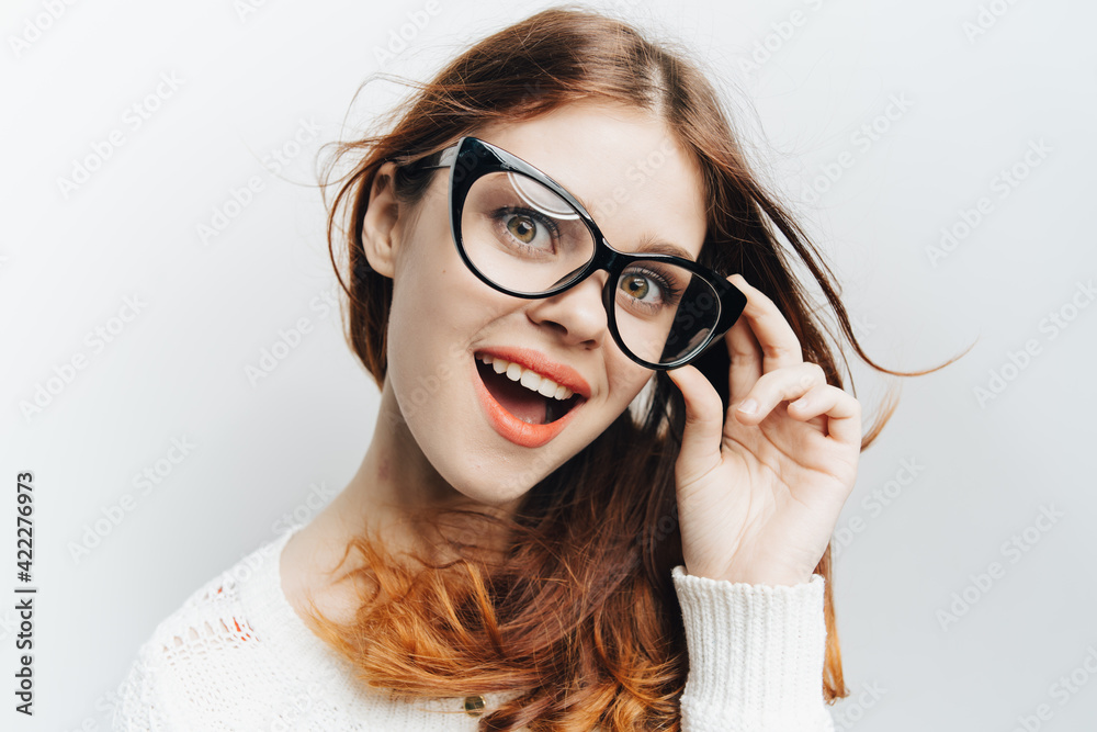 woman with glasses fashion smile cosmetics studio emotion woman with glasses fashion smile cosmetics studio emotion