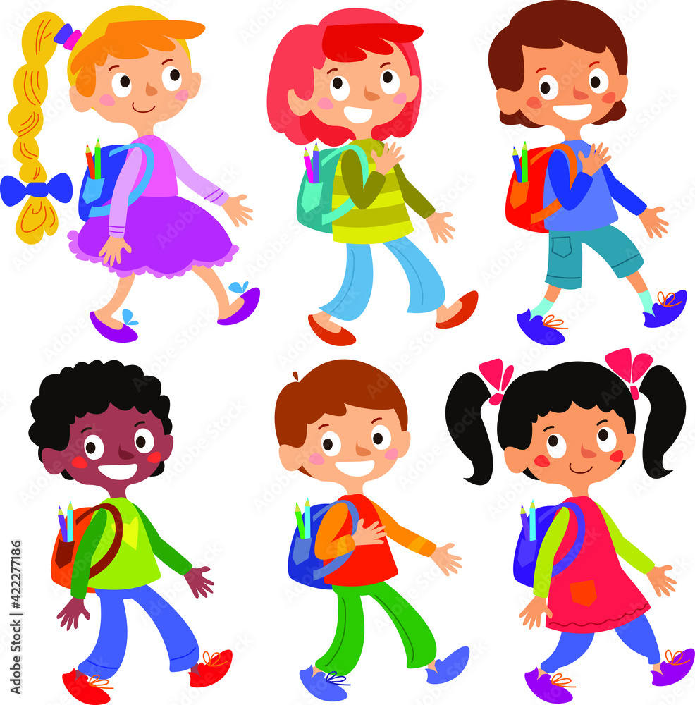 set of schoolchildren clipart. They go with a briefcase on their shoulders. Vector illustration. White background.