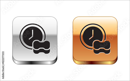 Black Washing dishes icon isolated on white background. Cleaning dishes icon. Dishwasher sign. Clean tableware sign. Silver-gold square button. Vector