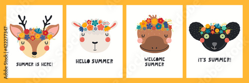 Cute funny animal faces in flower crowns, floral wreathes, quotes, posters, cards collection. Hand drawn vector illustration. Scandinavian style flat design. Concept for kids fashion, textile print.